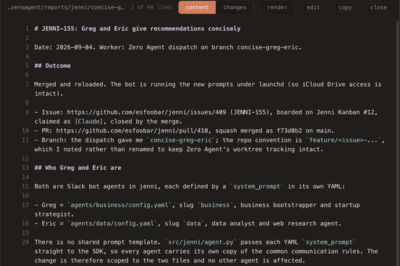 A worker's markdown report open in the app, formatted with headings, bullets and inline code rather than a wall of plain text.