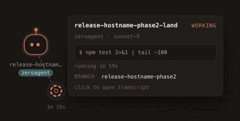 A hovered worker on the canvas showing its task title, the Sonnet 5 model it's running, the command in progress, elapsed time and its branch name, with no click required.