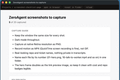 A worker-built page open in ZeroAgent's sandboxed artifact window, with its own address bar and open-in-browser and reveal-in-Finder controls.
