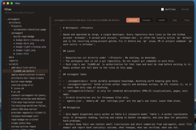 The file explorer's sidebar listing dozens of repositories under one projects folder, with a markdown file open on the right.