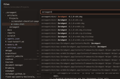 The Cmd+K fuzzy finder open with 'zeroagent' typed, showing matched file paths with bolded characters.