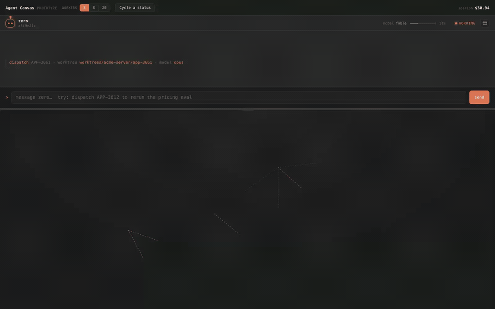 The ZeroAgent canvas dispatching several worker creatures, each with a task tag and repo badge, spreading across a dark canvas while one runs a background script shown as a spinning gear with an elapsed-time readout.